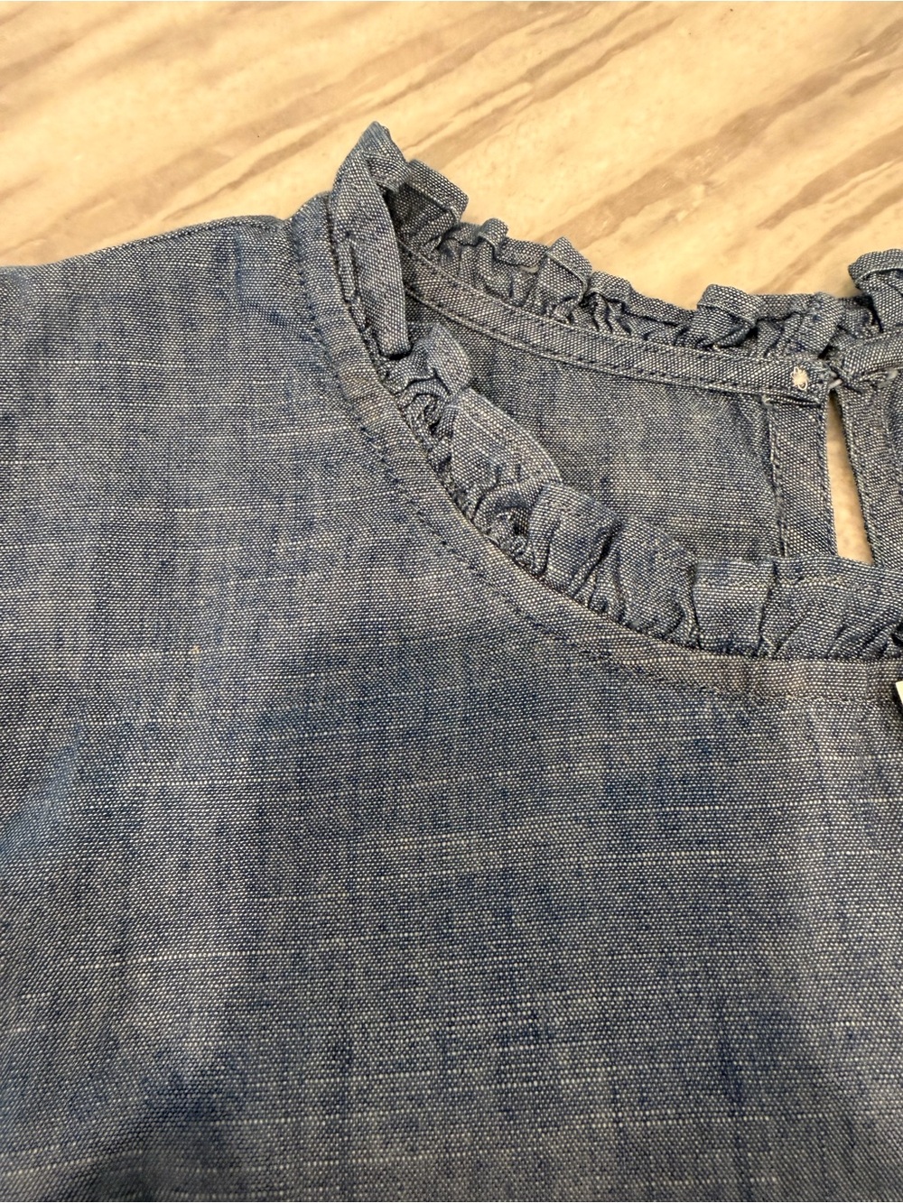J. Crew Sleeveless Chambray Top with White Floral Embroidery and Ruffle Neck - Picture 4 of 7